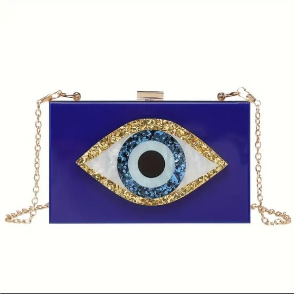 Blue Evil Eye Hard Shell Clutch Bag Chain - Picture 1 of 8